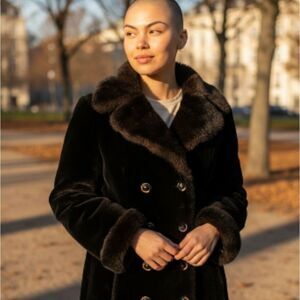 Vintage 1970s Double Breasted Black & Brown Faux Fur Coat | Borgazia by Fairmoor